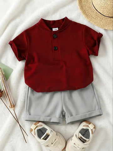 Boys’ Elegant Stand Collar T-Shirt & Contrast Color Shorts Set