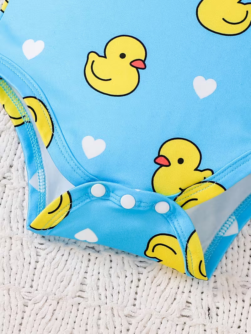 3-Piece Baby Girl Clothing Set – Cute Yellow Duck Print Romper for Spring & Summer