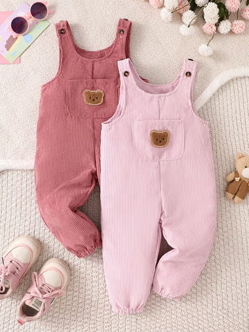 Girls’ Corduroy Overalls 2-Piece Set – Cute Bear Appliqué Romper & Long Pants