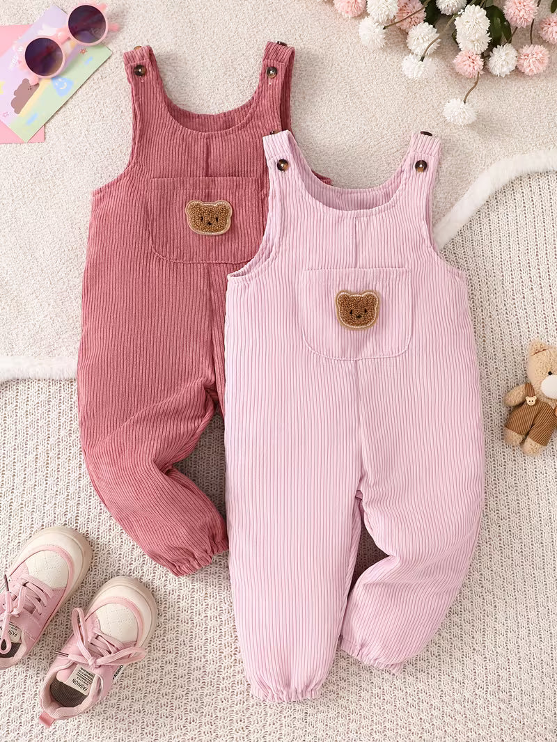 Girls’ Corduroy Overalls 2-Piece Set – Cute Bear Appliqué Romper & Long Pants