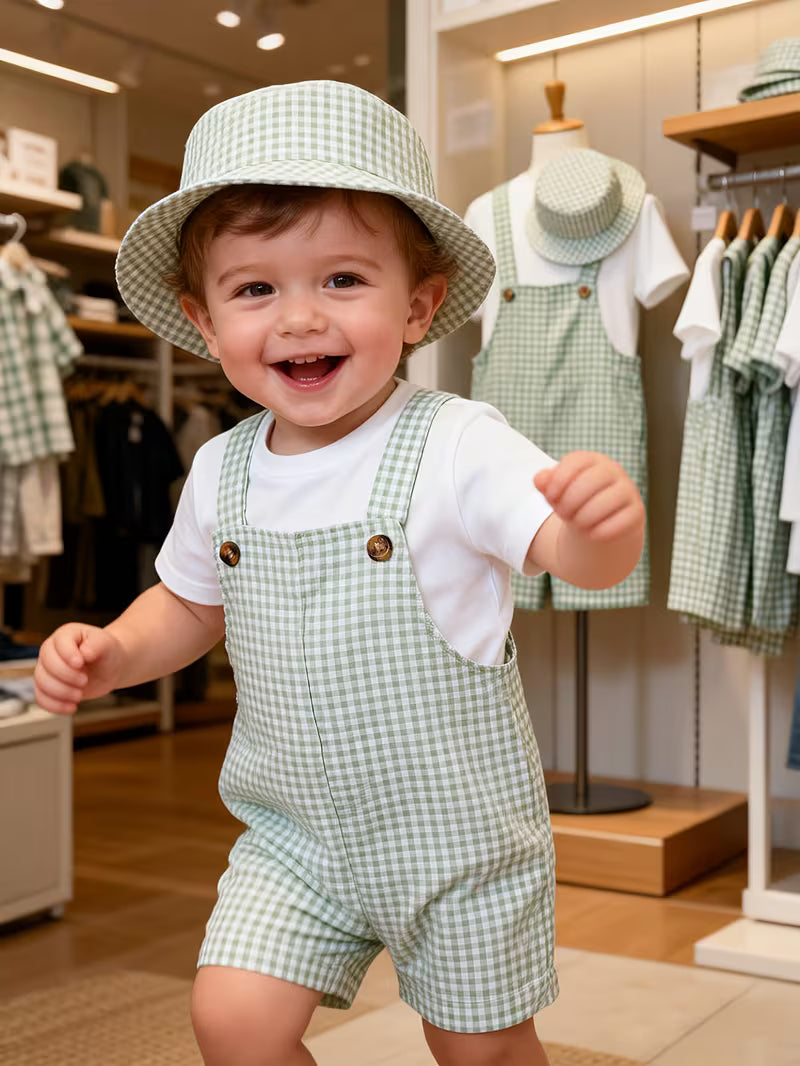 Baby Plaid Overalls & Matching Hat Set – Stylish 2-Piece Spring and Summer Outfit