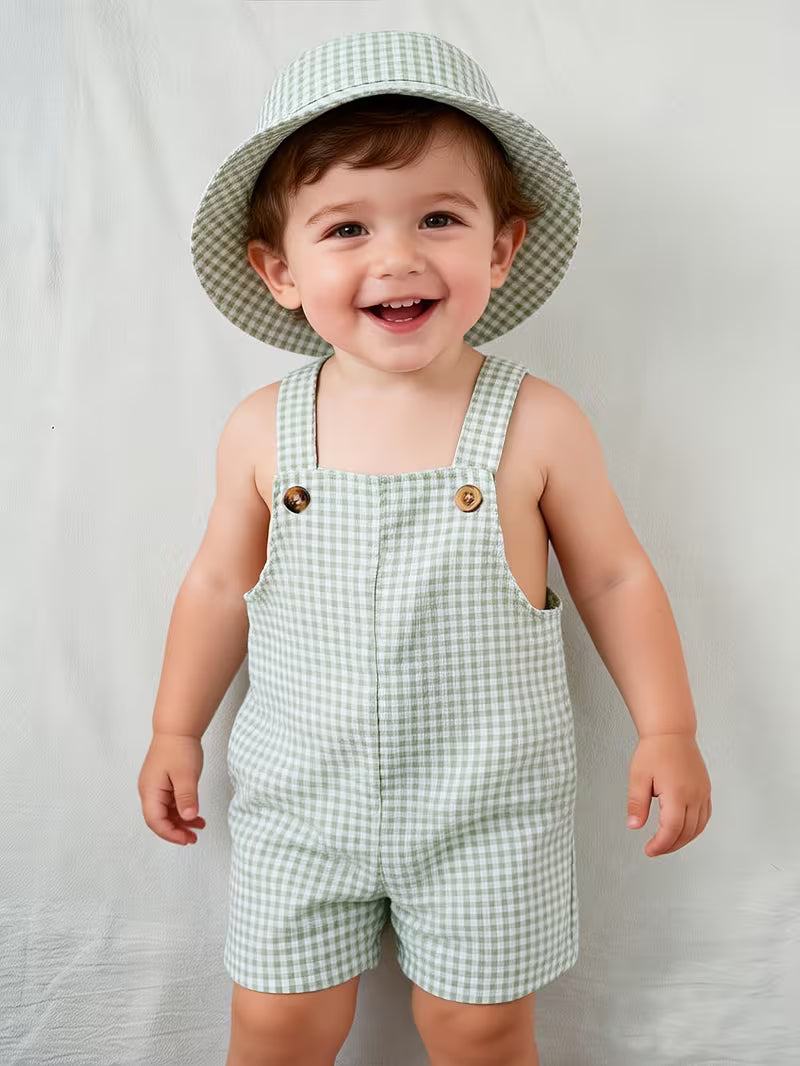 Baby Plaid Overalls & Matching Hat Set – Stylish 2-Piece Spring and Summer Outfit