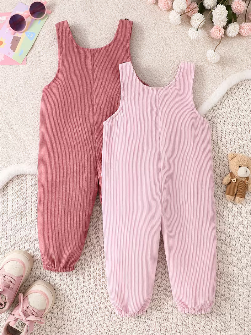 Girls’ Corduroy Overalls 2-Piece Set – Cute Bear Appliqué Romper & Long Pants