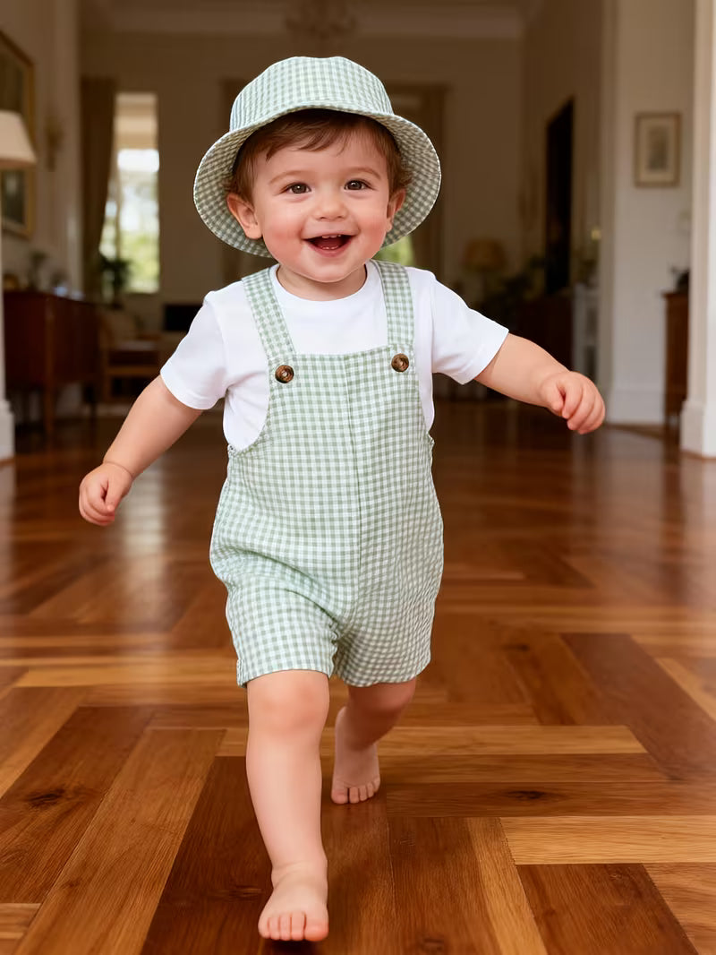 Baby Plaid Overalls & Matching Hat Set – Stylish 2-Piece Spring and Summer Outfit