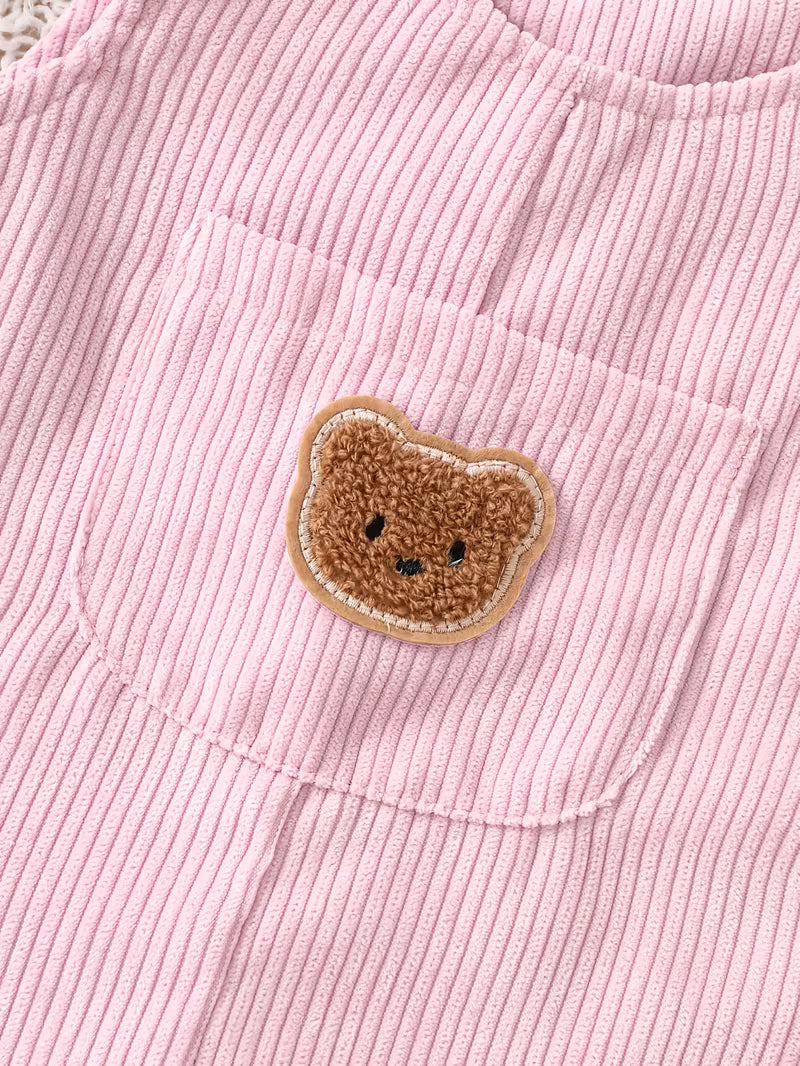 Girls’ Corduroy Overalls 2-Piece Set – Cute Bear Appliqué Romper & Long Pants