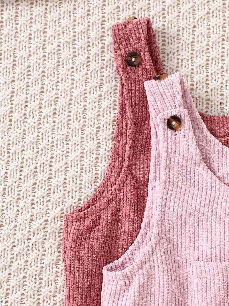 Girls’ Corduroy Overalls 2-Piece Set – Cute Bear Appliqué Romper & Long Pants