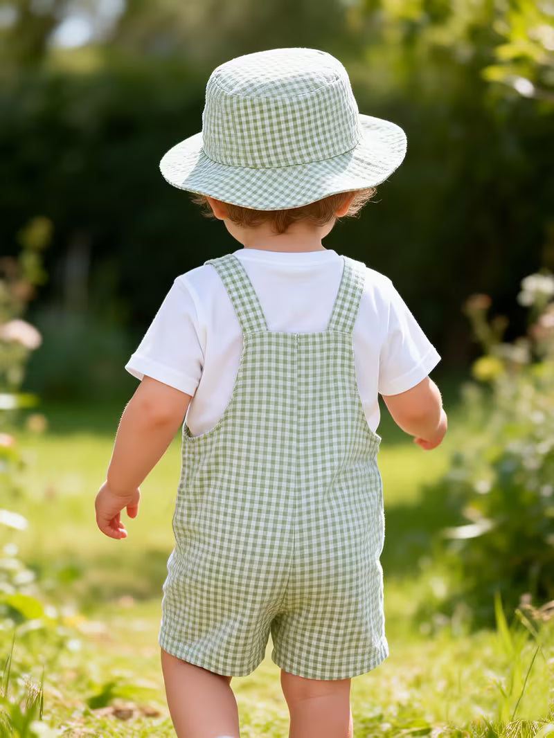 Baby Plaid Overalls & Matching Hat Set – Stylish 2-Piece Spring and Summer Outfit