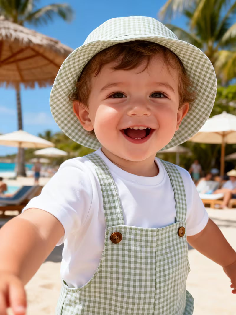 Baby Plaid Overalls & Matching Hat Set – Stylish 2-Piece Spring and Summer Outfit