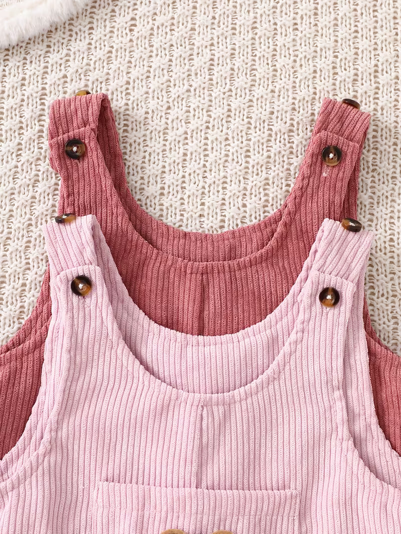 Girls’ Corduroy Overalls 2-Piece Set – Cute Bear Appliqué Romper & Long Pants