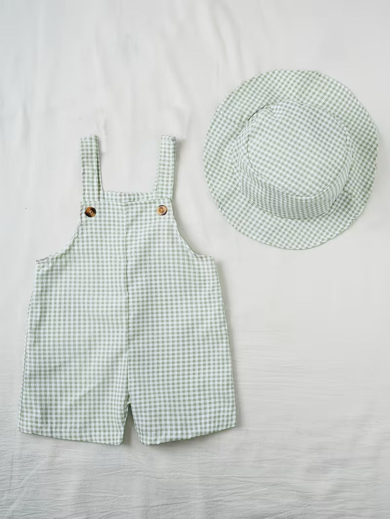 Baby Plaid Overalls & Matching Hat Set – Stylish 2-Piece Spring and Summer Outfit