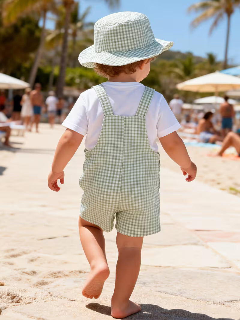 Baby Plaid Overalls & Matching Hat Set – Stylish 2-Piece Spring and Summer Outfit