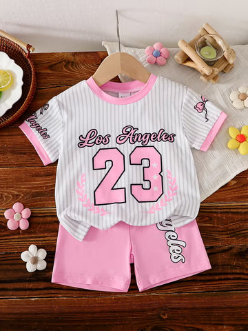 Baby Girls’ Summer Outfit Set – Gray Striped Short-Sleeve Top & Matching Pink Shorts