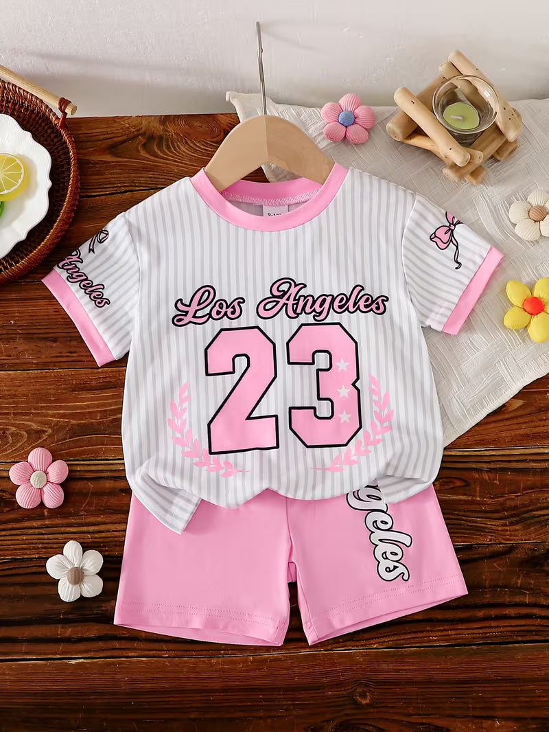 Baby Girls’ Summer Outfit Set – Gray Striped Short-Sleeve Top & Matching Pink Shorts