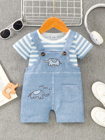 Baby Elephant Print Overalls & Striped T-Shirt Set – Cute Casual Outfit for Little Boys