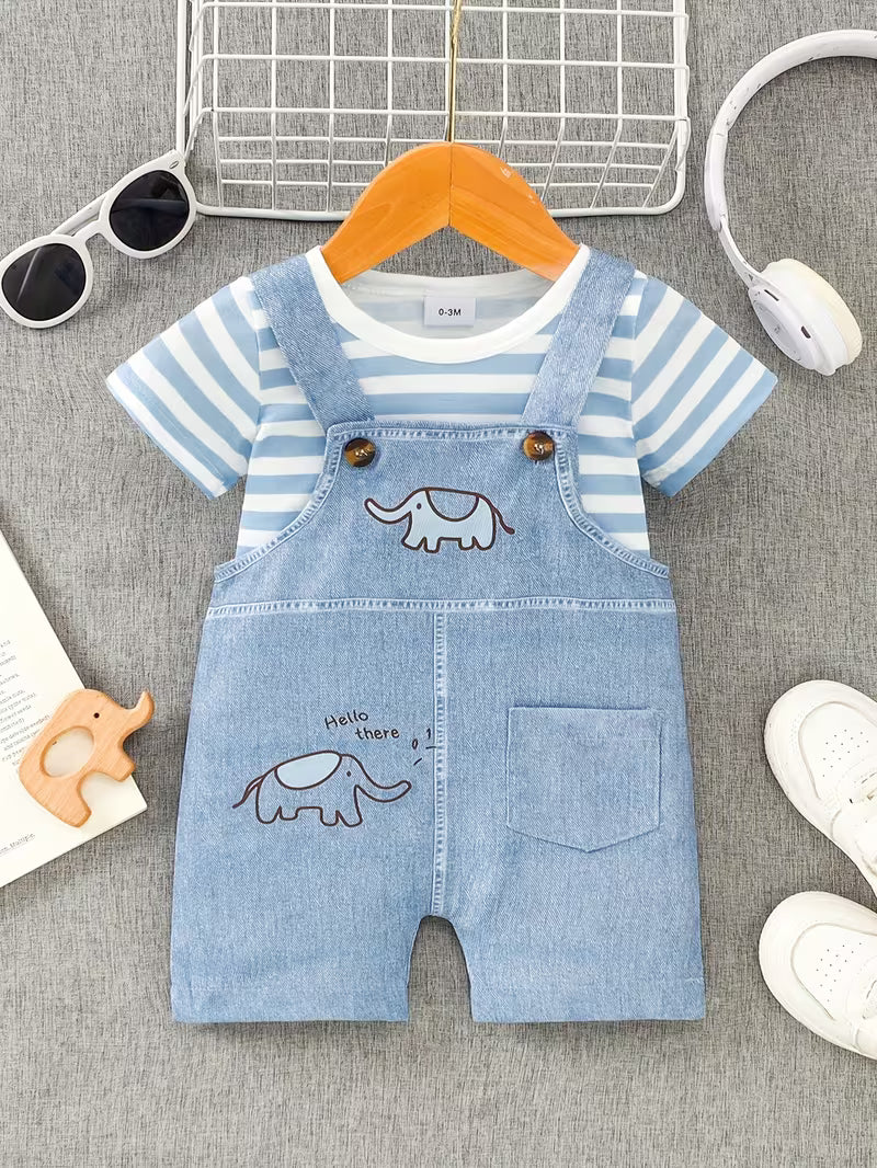 Baby Elephant Print Overalls & Striped T-Shirt Set – Cute Casual Outfit for Little Boys