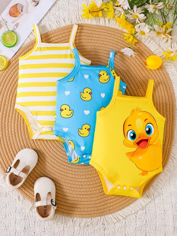 3-Piece Baby Girl Clothing Set – Cute Yellow Duck Print Romper for Spring & Summer
