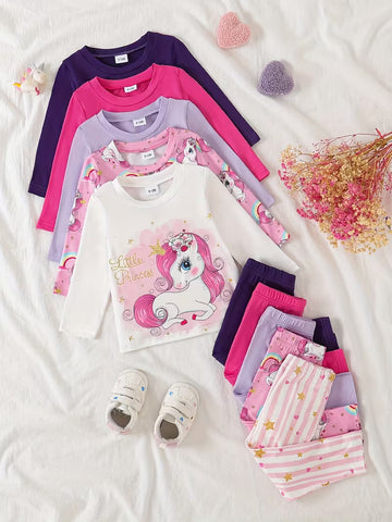 10-Piece Baby Girls’ Autumn Outfit Set – Cute Cartoon Print Long-Sleeve T-Shirt & Casual Pants