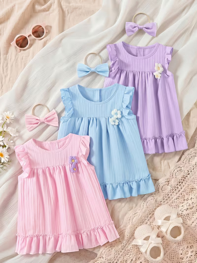Girls’ Country Cute 3-Piece Outfit – Puff Sleeve Sundress with Flower Appliqué