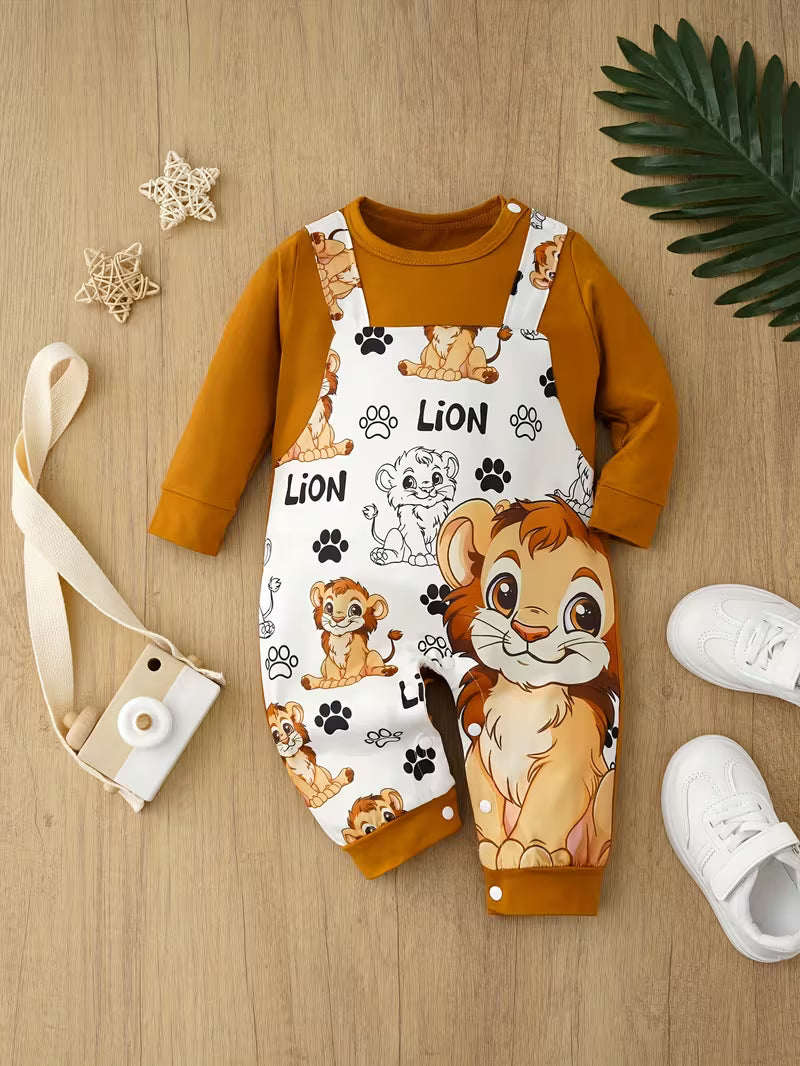 Cartoon Lion Baby Romper – Cute Fake Suspenders Outfit for Boys and Girls