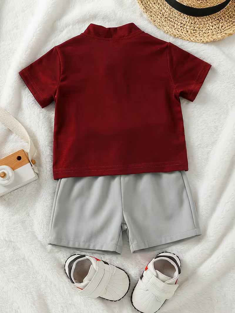 Boys’ Elegant Stand Collar T-Shirt & Contrast Color Shorts Set