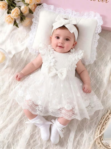 Newborn Baby Girl 2-Piece Dress Set – White Ribbed Dress with 3D Floral Embroidery & Matching Headband