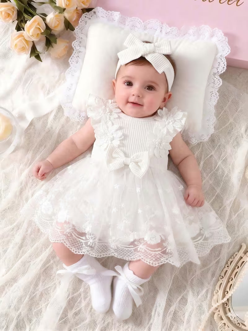 Newborn Baby Girl 2-Piece Dress Set – White Ribbed Dress with 3D Floral Embroidery & Matching Headband