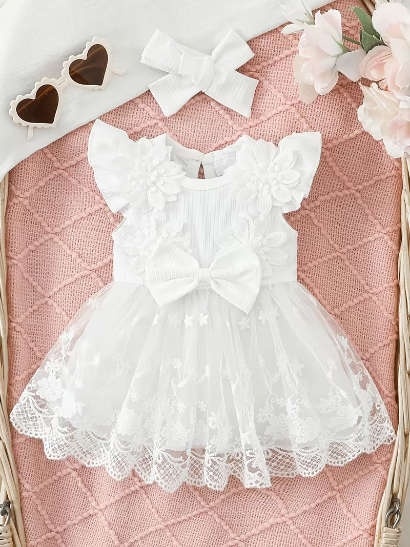 Newborn Baby Girl 2-Piece Dress Set – White Ribbed Dress with 3D Floral Embroidery & Matching Headband