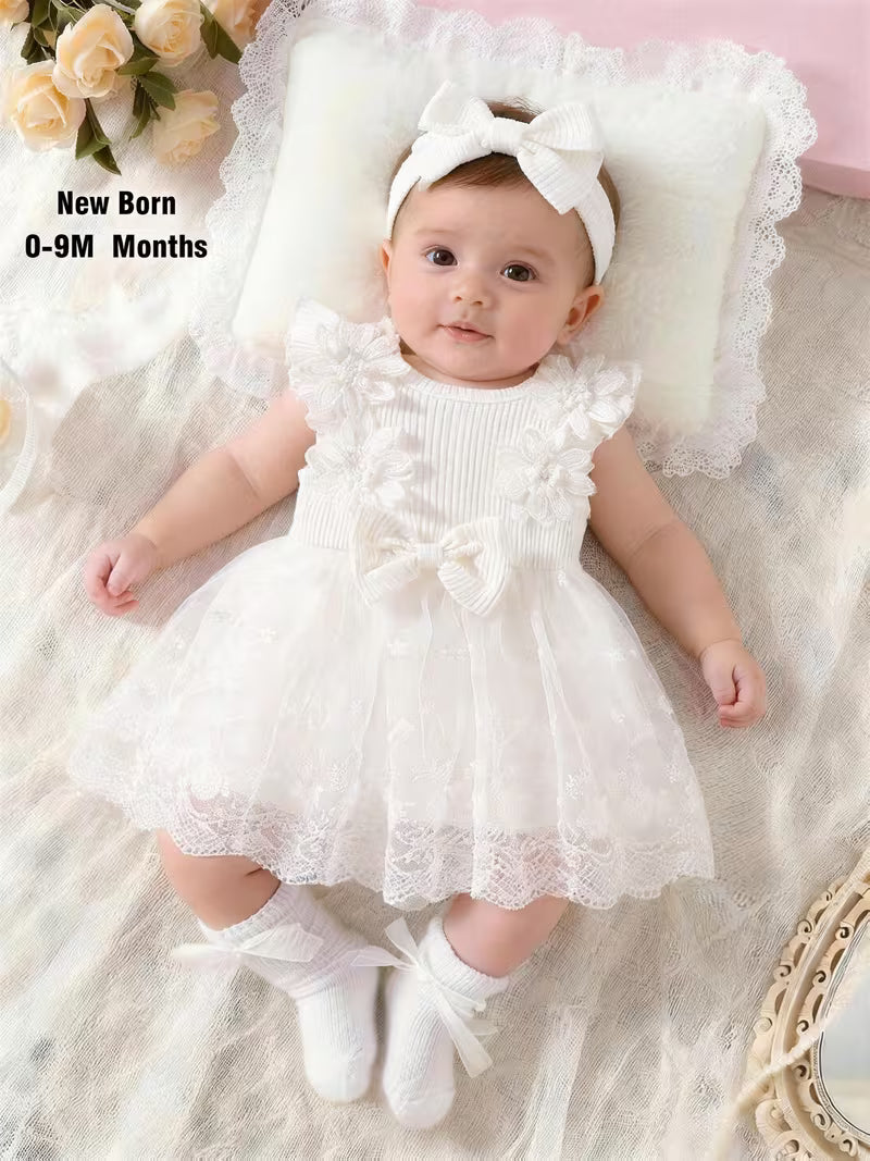 Newborn Baby Girl 2-Piece Dress Set – White Ribbed Dress with 3D Floral Embroidery & Matching Headband