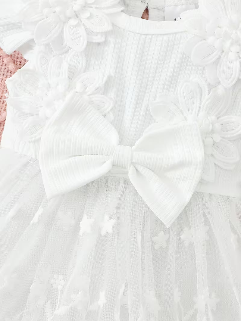 Newborn Baby Girl 2-Piece Dress Set – White Ribbed Dress with 3D Floral Embroidery & Matching Headband