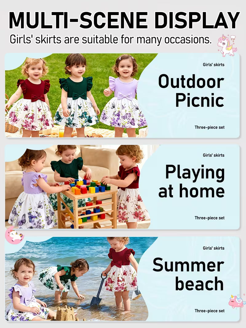 3-Piece Girls’ Floral Dress Set – Sweet Bow Design, Lightweight & Comfortable Spring/Summer Outfit