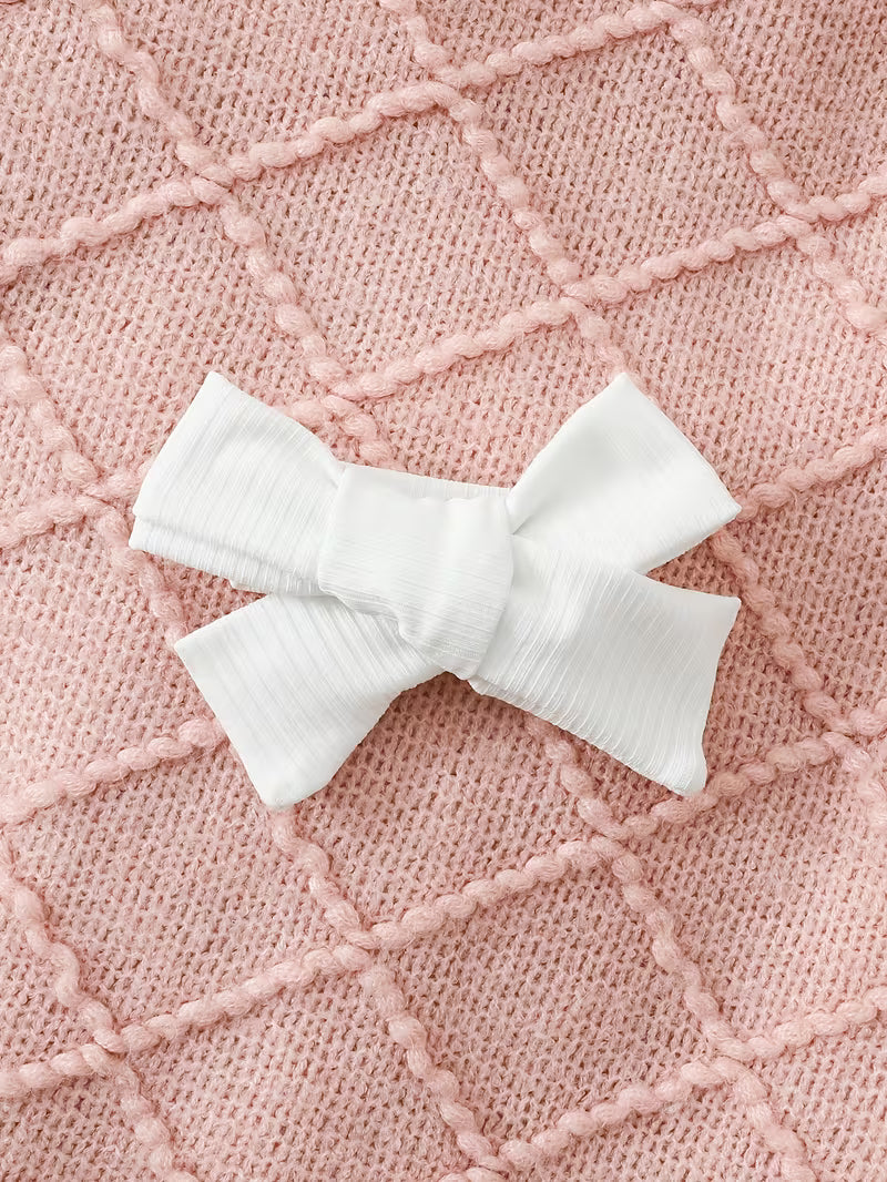 Newborn Baby Girl 2-Piece Dress Set – White Ribbed Dress with 3D Floral Embroidery & Matching Headband