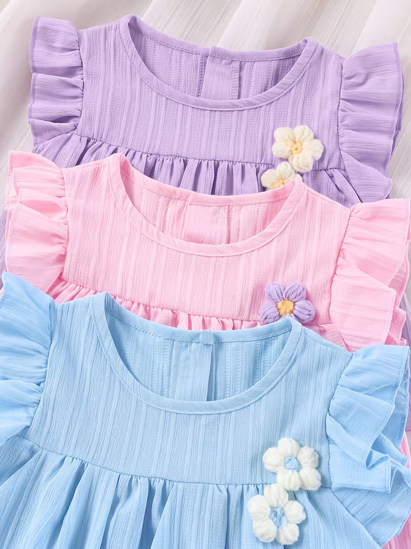 Girls’ Country Cute 3-Piece Outfit – Puff Sleeve Sundress with Flower Appliqué