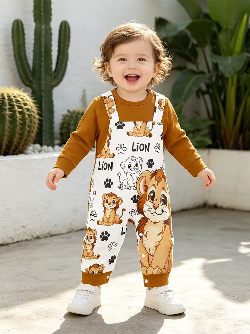 Cartoon Lion Baby Romper – Cute Fake Suspenders Outfit for Boys and Girls