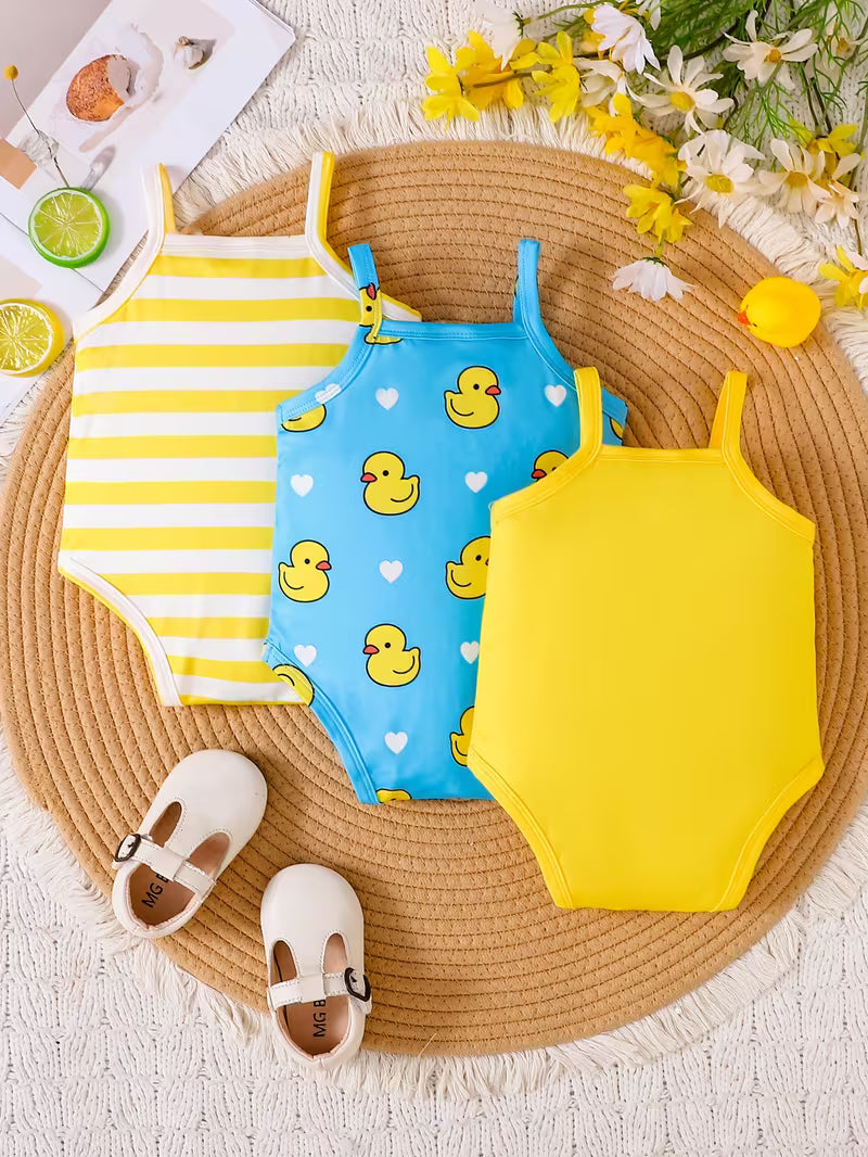 3-Piece Baby Girl Clothing Set – Cute Yellow Duck Print Romper for Spring & Summer