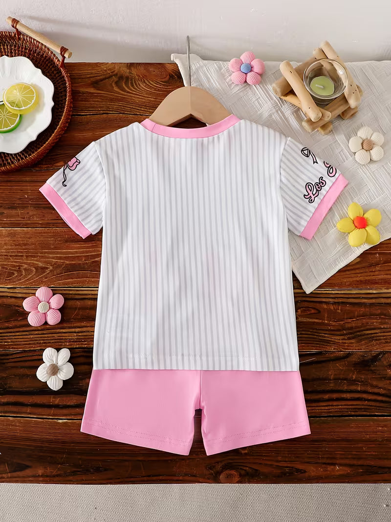 Baby Girls’ Summer Outfit Set – Gray Striped Short-Sleeve Top & Matching Pink Shorts
