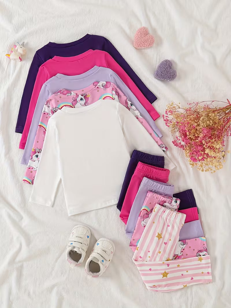 10-Piece Baby Girls’ Autumn Outfit Set – Cute Cartoon Print Long-Sleeve T-Shirt & Casual Pants