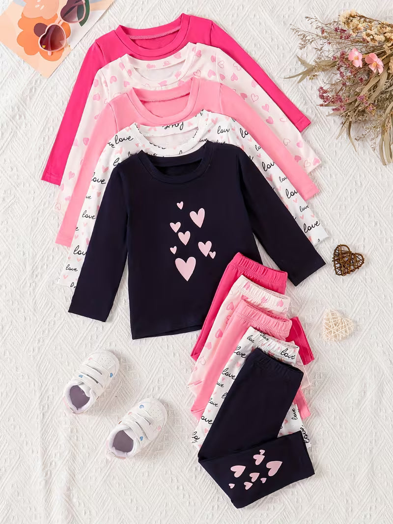 10-Piece Baby Girls’ Clothing Set – Cute Love Letter Print Long-Sleeve Tops & Trousers