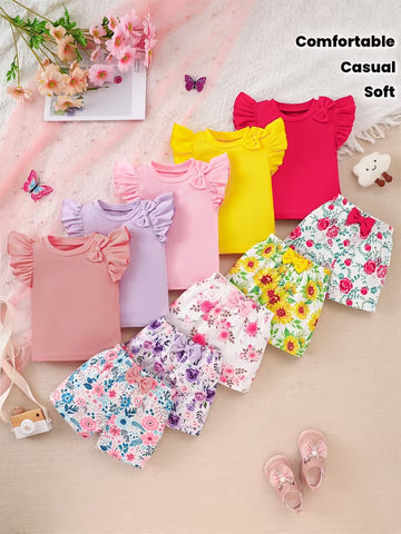 10-Piece Girls’ Floral Clothing Set – Rose & Sunflower Prints with Flutter Sleeves and Bow Details