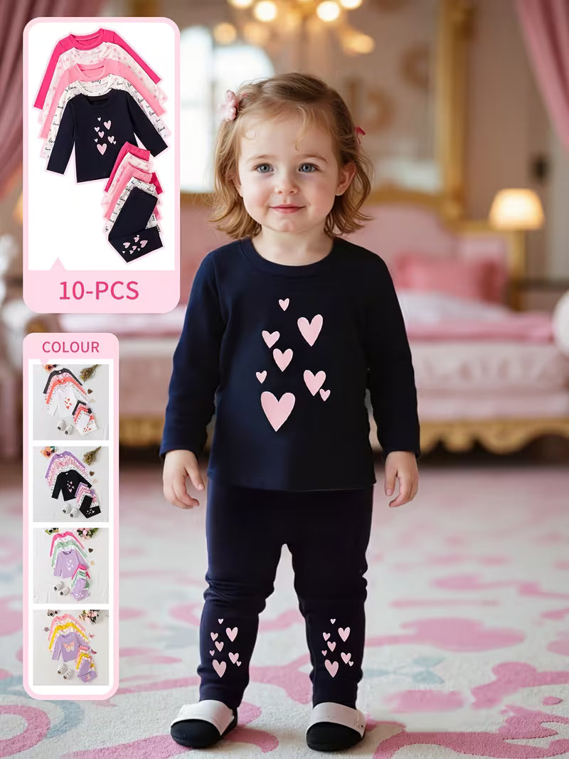10-Piece Baby Girls’ Clothing Set – Cute Love Letter Print Long-Sleeve Tops & Trousers