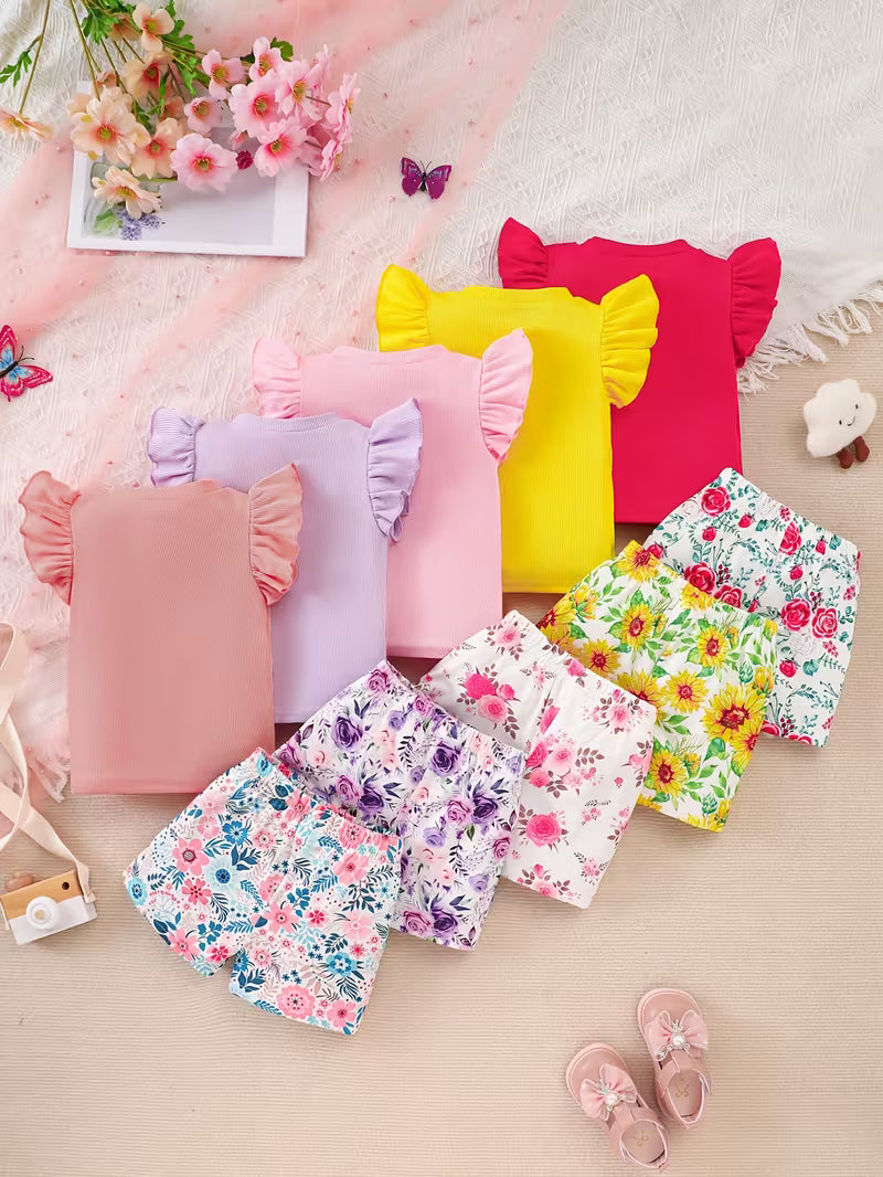 10-Piece Girls’ Floral Clothing Set – Rose & Sunflower Prints with Flutter Sleeves and Bow Details