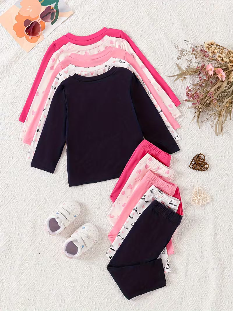 10-Piece Baby Girls’ Clothing Set – Cute Love Letter Print Long-Sleeve Tops & Trousers