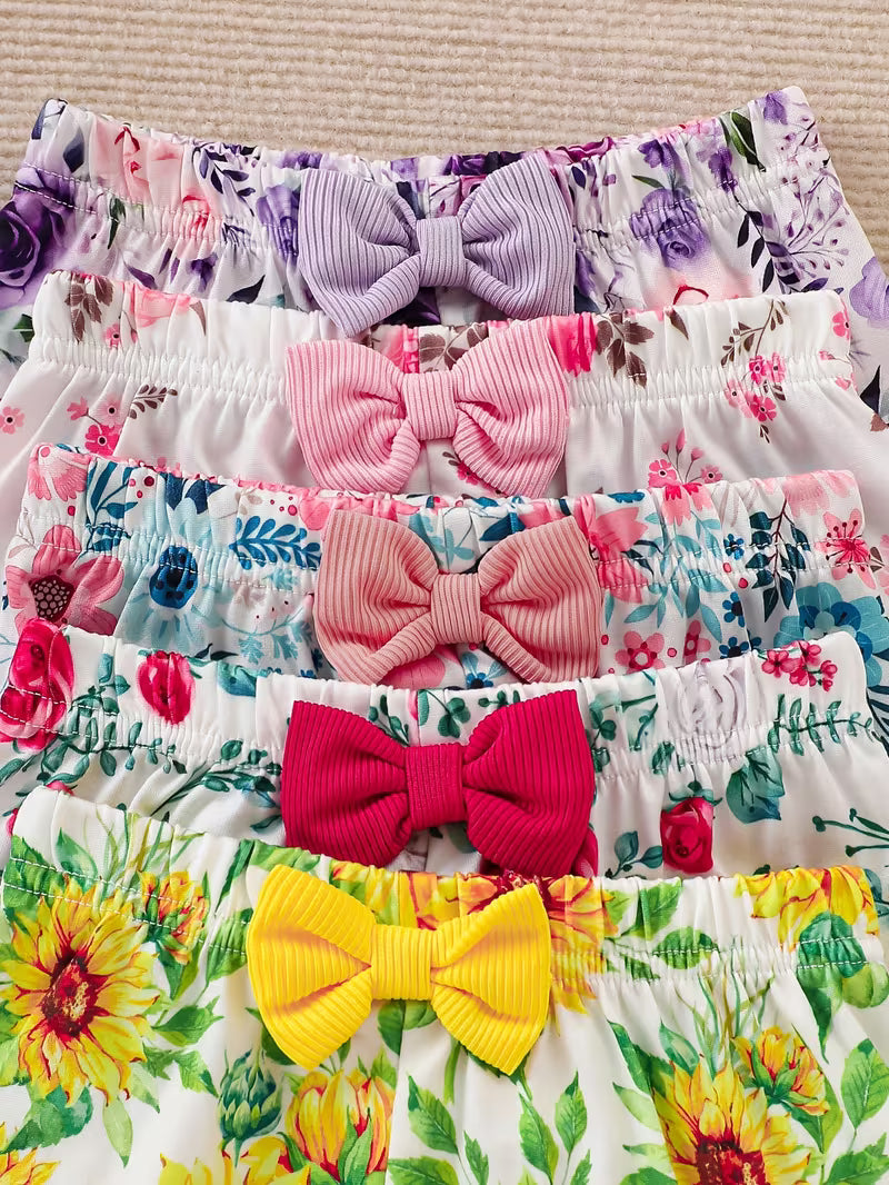 10-Piece Girls’ Floral Clothing Set – Rose & Sunflower Prints with Flutter Sleeves and Bow Details