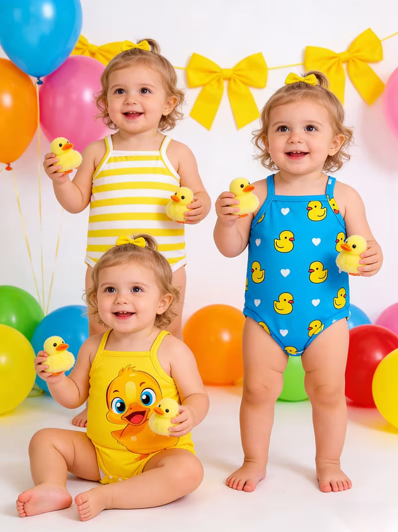 3-Piece Baby Girl Clothing Set – Cute Yellow Duck Print Romper for Spring & Summer