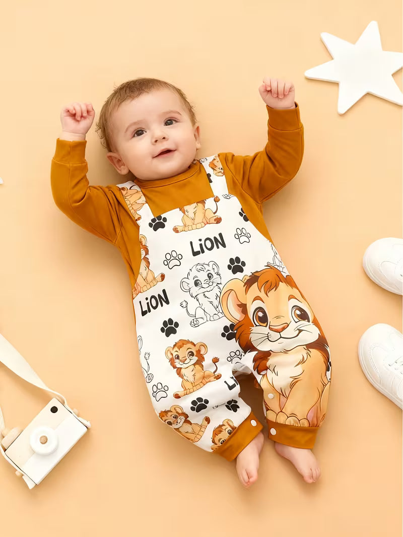 Cartoon Lion Baby Romper – Cute Fake Suspenders Outfit for Boys and Girls