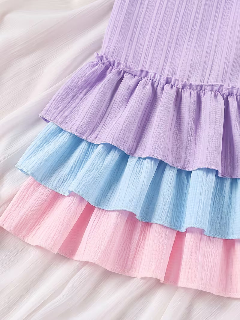 Girls’ Country Cute 3-Piece Outfit – Puff Sleeve Sundress with Flower Appliqué