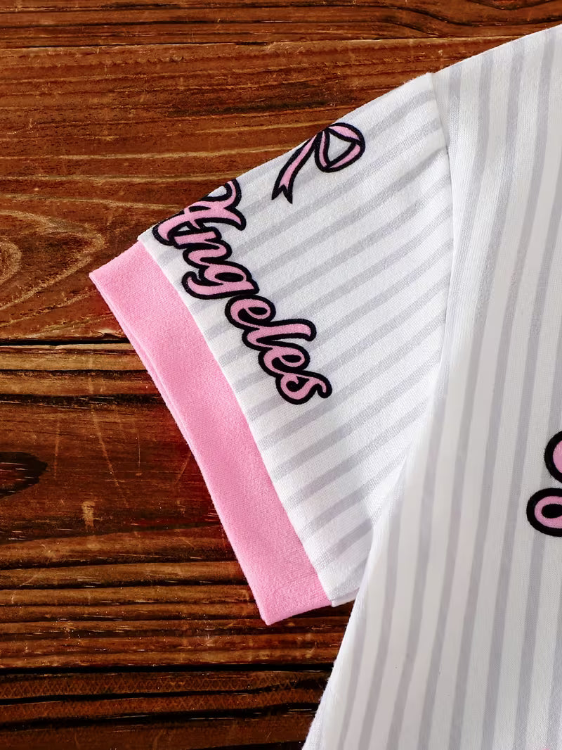 Baby Girls’ Summer Outfit Set – Gray Striped Short-Sleeve Top & Matching Pink Shorts