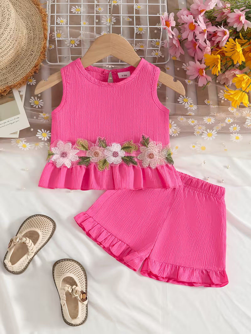 Girls’ Sleeveless Floral Embroidered Top & Shorts Set – Cute Summer Outfit