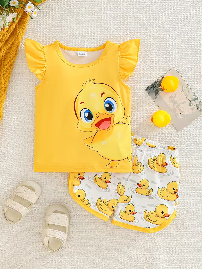 Baby Girl Yellow Duck Print Outfit Set – Cute Flutter Sleeve Top & Matching Shorts