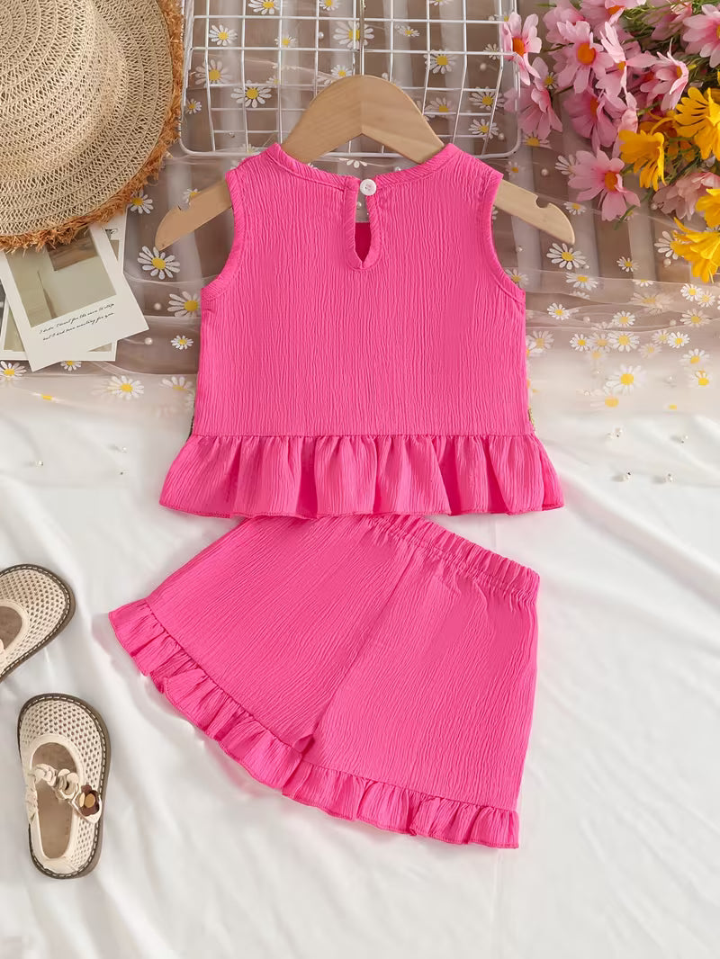 Girls’ Sleeveless Floral Embroidered Top & Shorts Set – Cute Summer Outfit