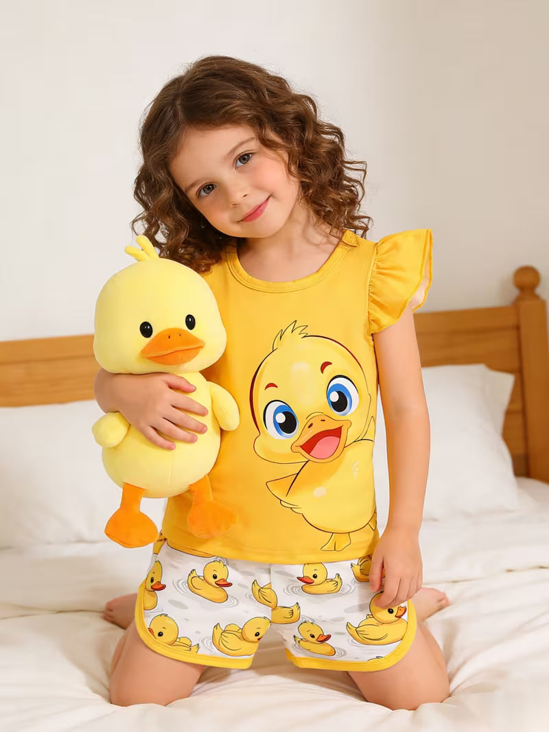 Baby Girl Yellow Duck Print Outfit Set – Cute Flutter Sleeve Top & Matching Shorts